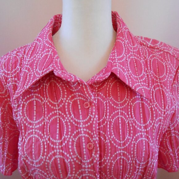 Christopher&Banks Pleated Salmon Pink Collared Embroidered Short Sleeve Blouse-L - Picture 2 of 3
